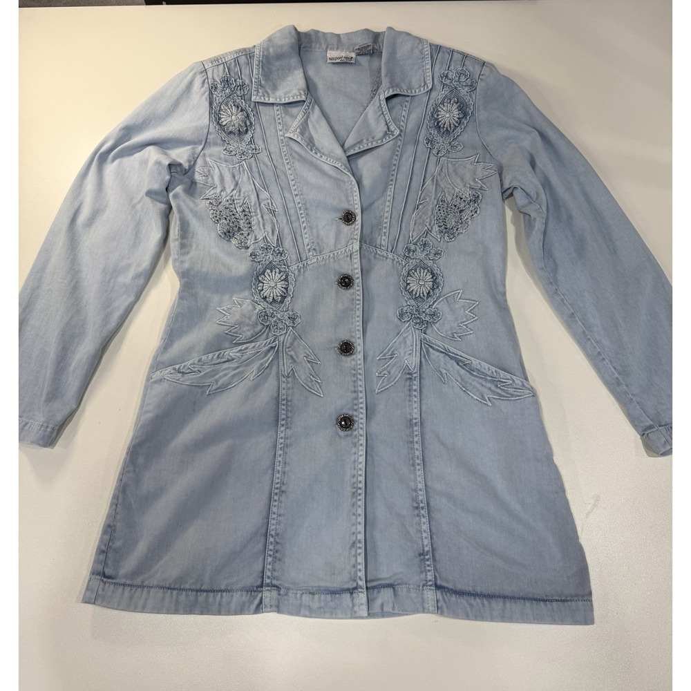 Y2K Boho Embroidered Denim Duster Jacket Newport News Fairycore Vintage Sz 8